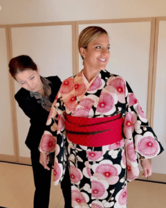 Travel Advisor Alexandra Vega trying a kimono while on a trip to Japan