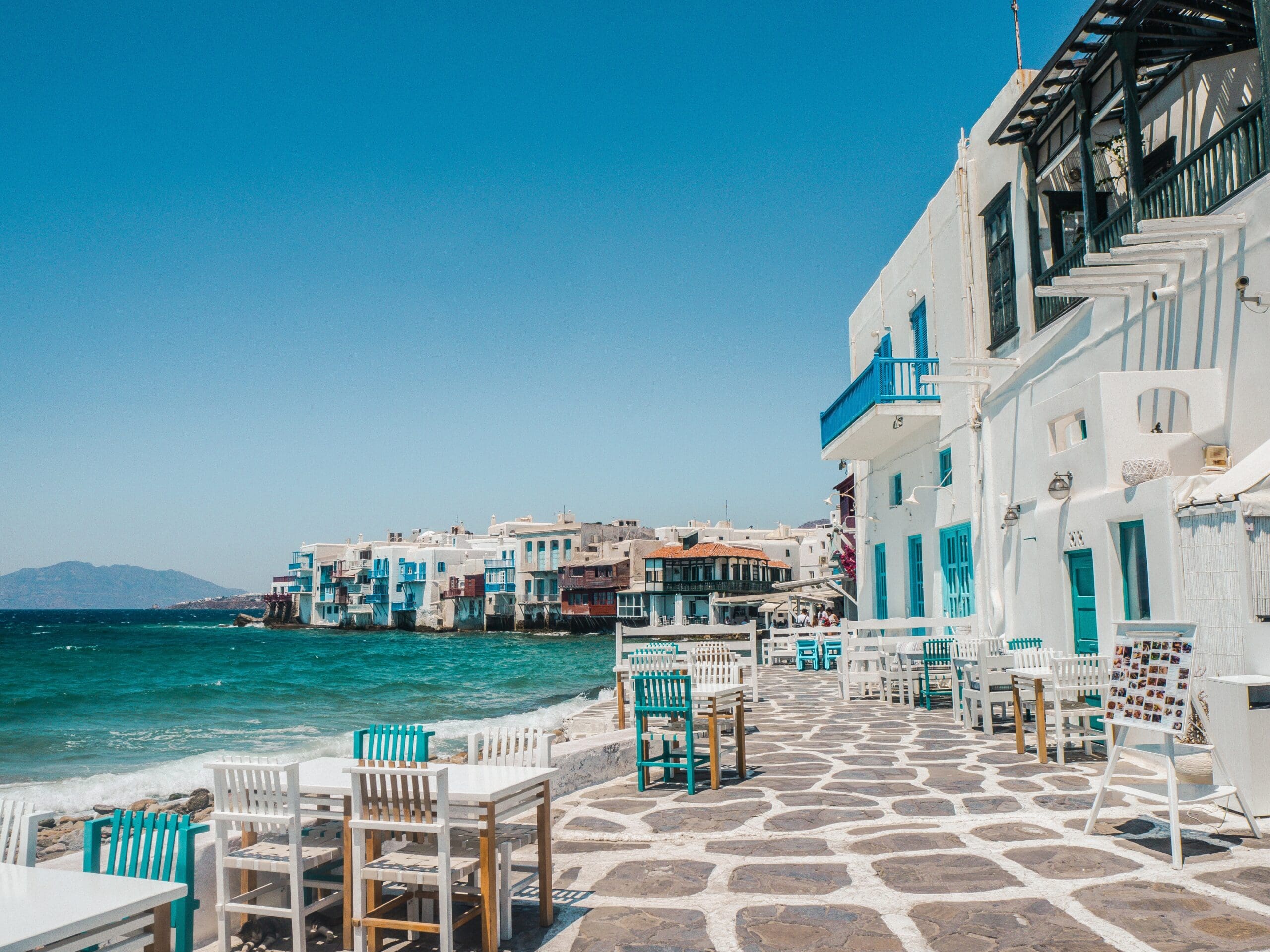 Landscape view of a seaside café at Mykonos