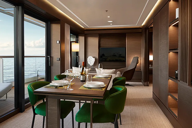 View of the Grand Suite Dining Room of the Evrima Yacht from Ritz-Carlton Yacht Collection